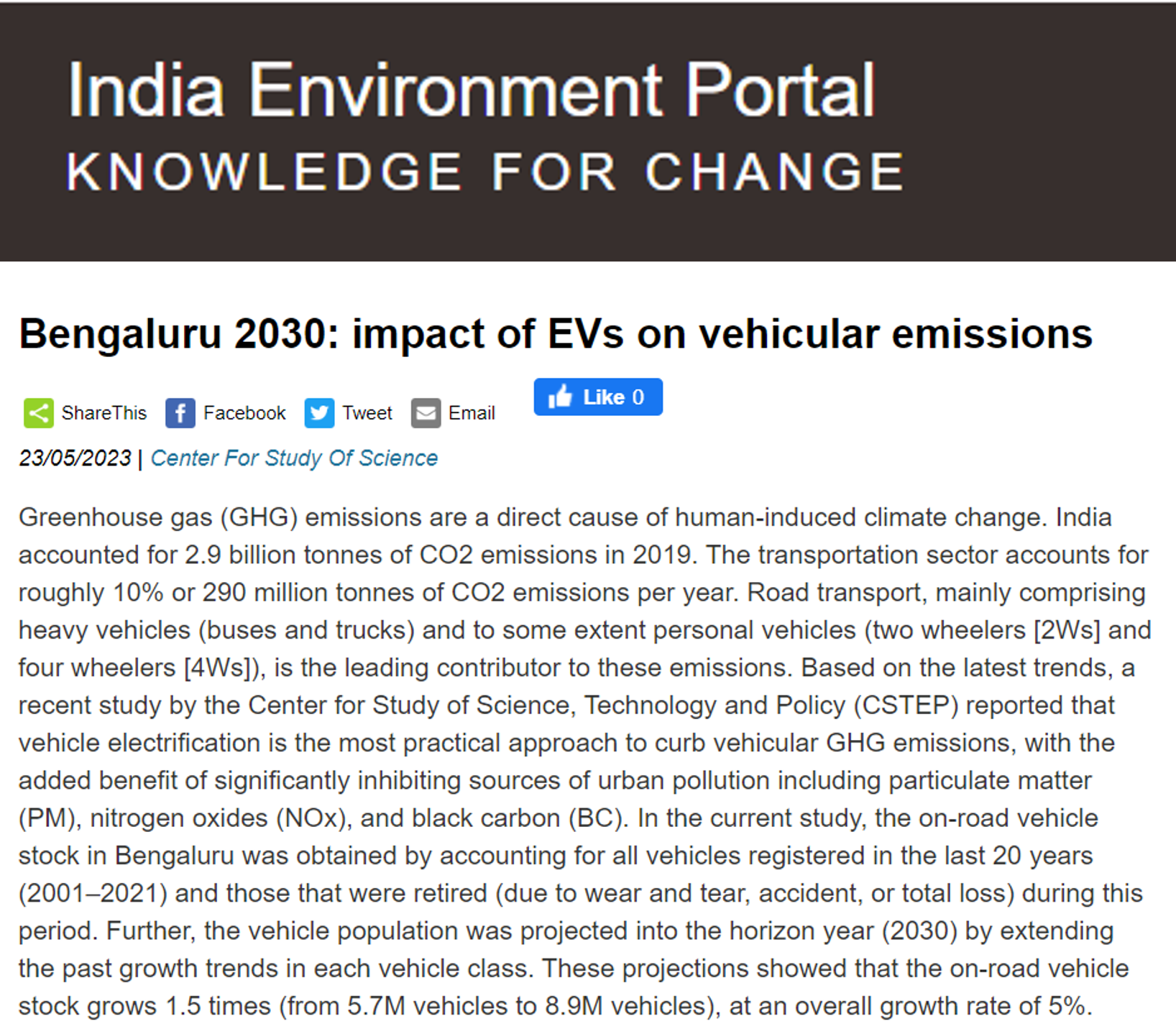 CSTEP’s study on the impact of electric vehicles on vehicular emissions in Bengaluru covered by India Environment Portal